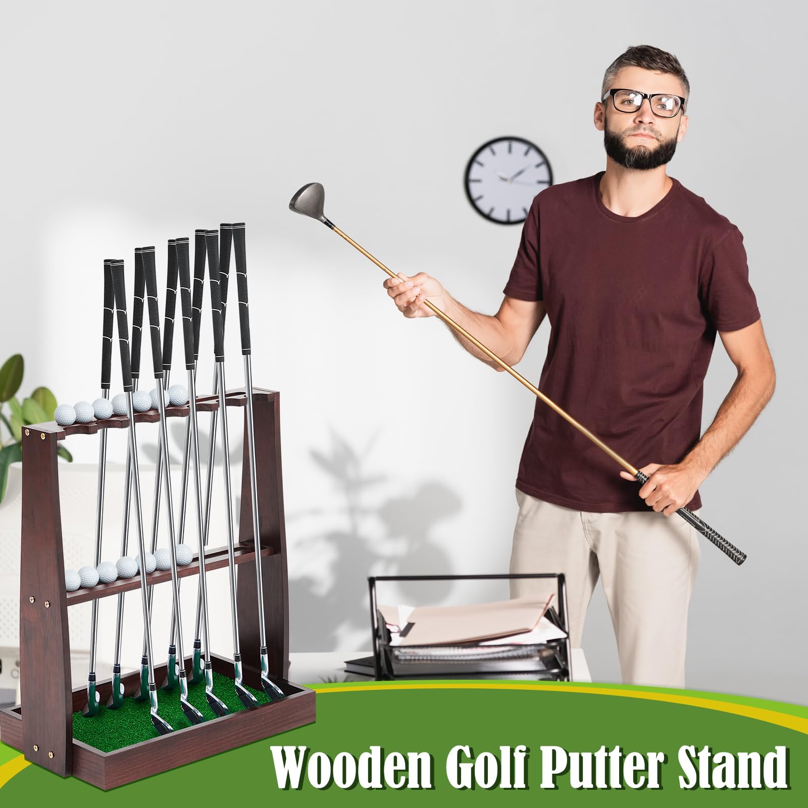 Premium Wooden Golf Club Rack - Holds 13 Clubs & 20 Balls - Indoor Golf Putter Stand Holder for Home, Office & Golf Simulators - Elegant Brown Display Organizer - Perfect for Golf Enthusiasts & Man Cave Decor