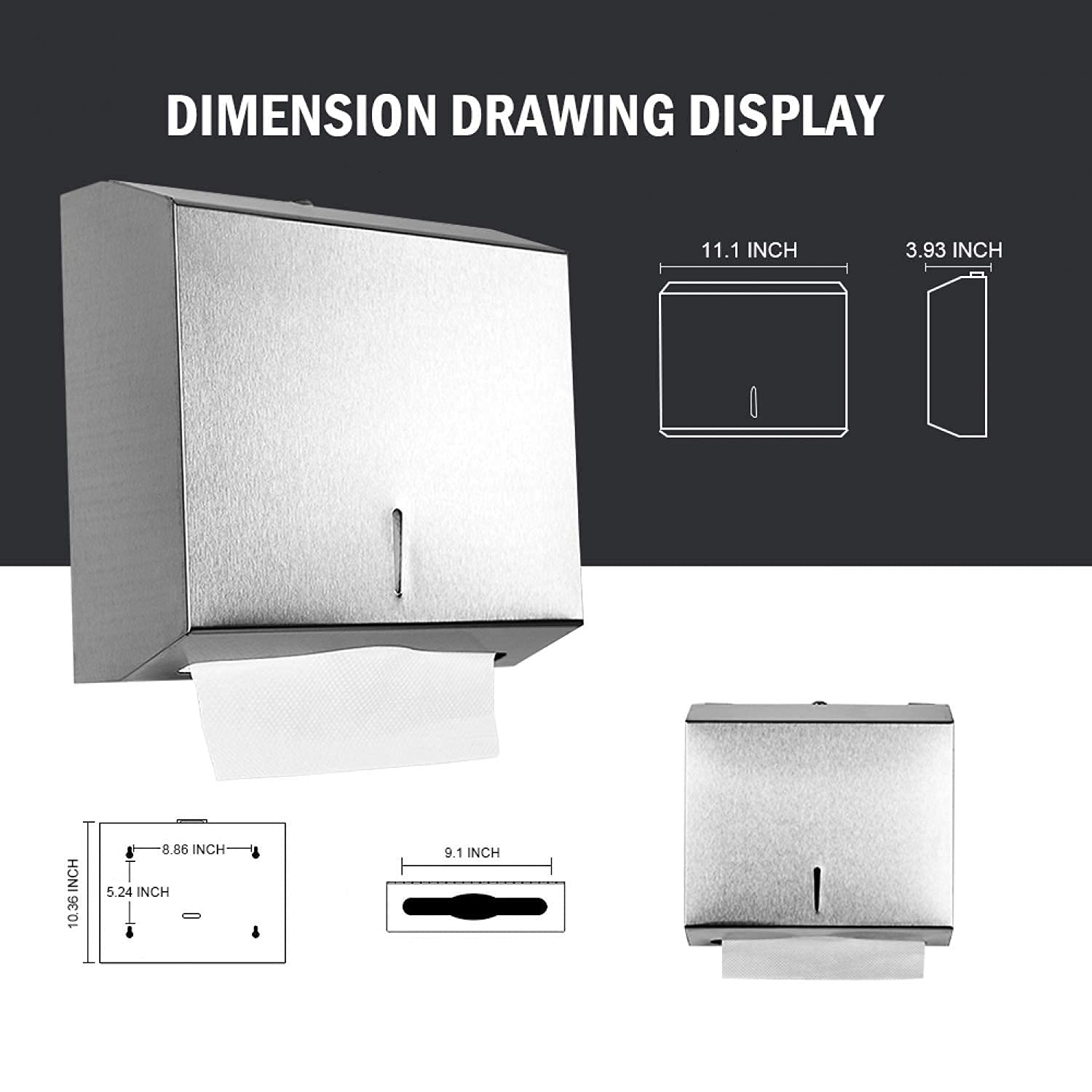 Commercial Wall-Mounted Paper Towel Dispenser - Brushed Stainless Steel Bathroom Hand Towel Holder with Lock - High Capacity (250 C-Fold/300 Multi-Fold) - Ideal for Restaurants, Offices & Public Restrooms