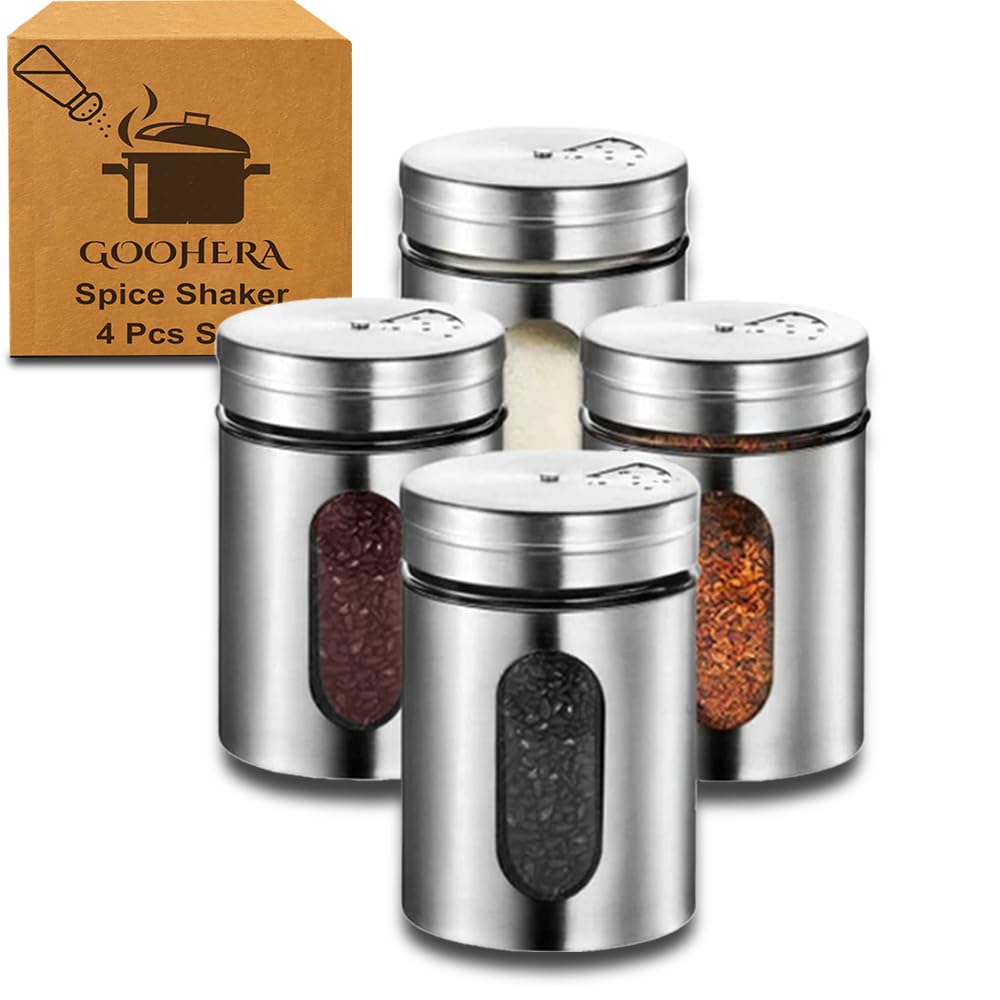 Premium 4-Piece Stainless Steel Salt & Pepper Shakers Set with Adjustable Pour Holes - Ideal for Salt, Pepper, Sugar & Spices - Perfect for Kitchen, Dining Table & Restaurant Use