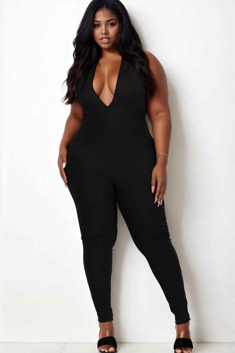 Plus Size Halter V Neck Ribbed Bodycon Jumpsuit for Women - Stretchy Slim Fit Romper for Curvy Figures - Perfect for Parties, Date Nights & Summer Outings
