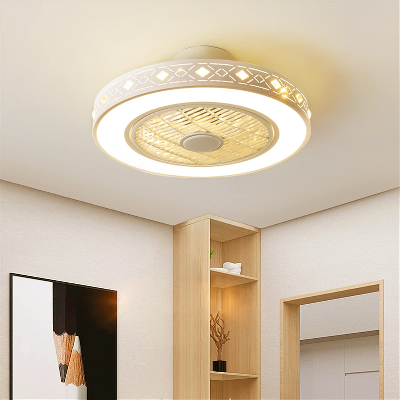 Modern Round Ceiling Fan with LED Light & Remote Control - Dimmable Chandelier Style, Low Profile Enclosed Design, 3 Color Temperatures & 3 Speed Settings - Perfect for Bedroom, Living Room, Office (21.6