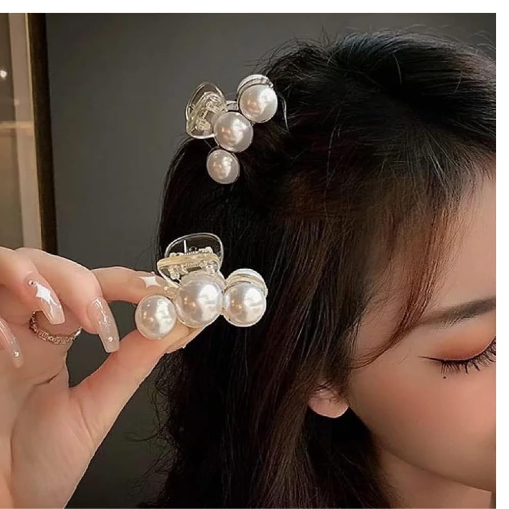 RSJ TRADERS Korean 3-Piece Big Pearl Hair Claw Clips - 4.5cm Plastic Hair Clips for Women, Strong Hold Barrettes for Thick & Thin Hair - Perfect for Updos, Ponytails & Everyday Styling