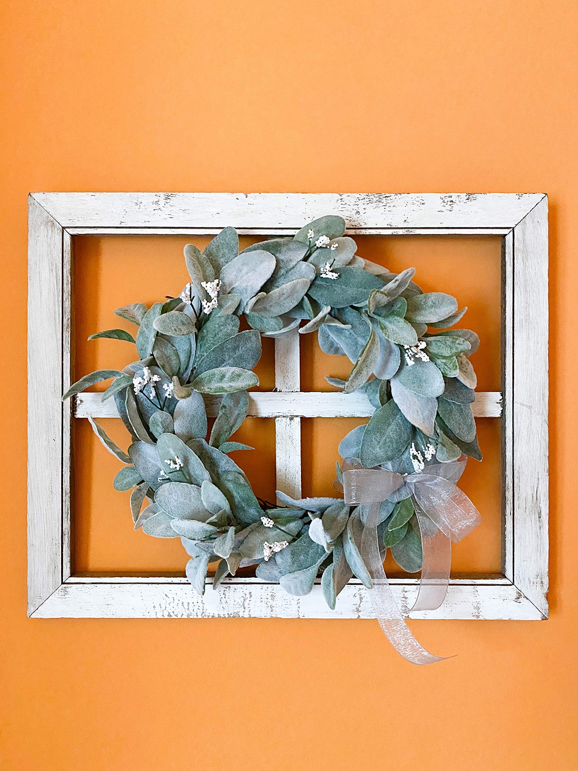 Farmhouse Rustic Window Frame with Lambs Ear Wreath - Decorative Wall Hanging for Home, Front Door, Living Room & Entryway Decor - Perfect for Spring, Summer, Fall & Winter Seasonal Decorations