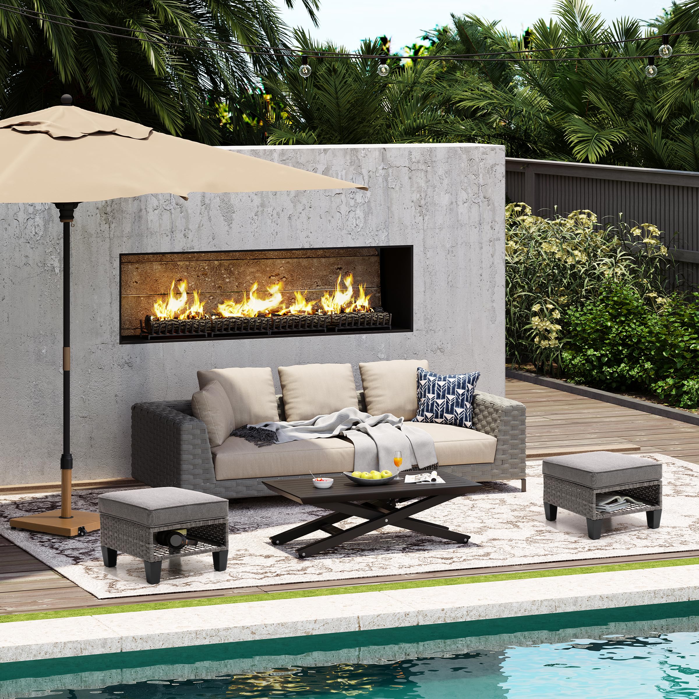 2-Piece Outdoor Patio Wicker Ottoman Set with Removable Cushions - Indoor Rattan Footrest Seat for Living Room, Bedroom, Balcony, Backyard & Garden - Perfect for Relaxing and Decorating Your Home
