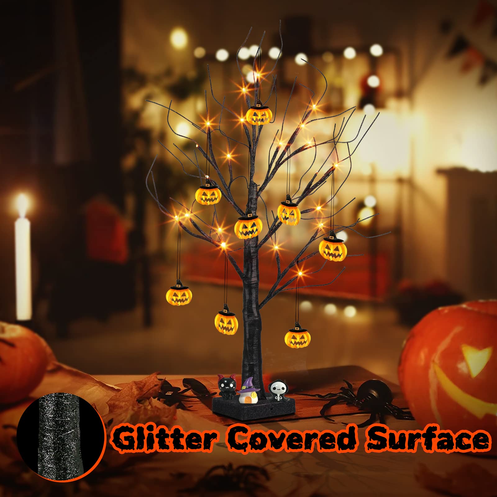 PEIDUO 2FT Halloween Tree with 24 Orange LED Lights & 8 Pumpkin Ornaments - Battery Powered Black Halloween Decor with Timer - Perfect for Indoor Home, Desk, Table, and Party Decorations