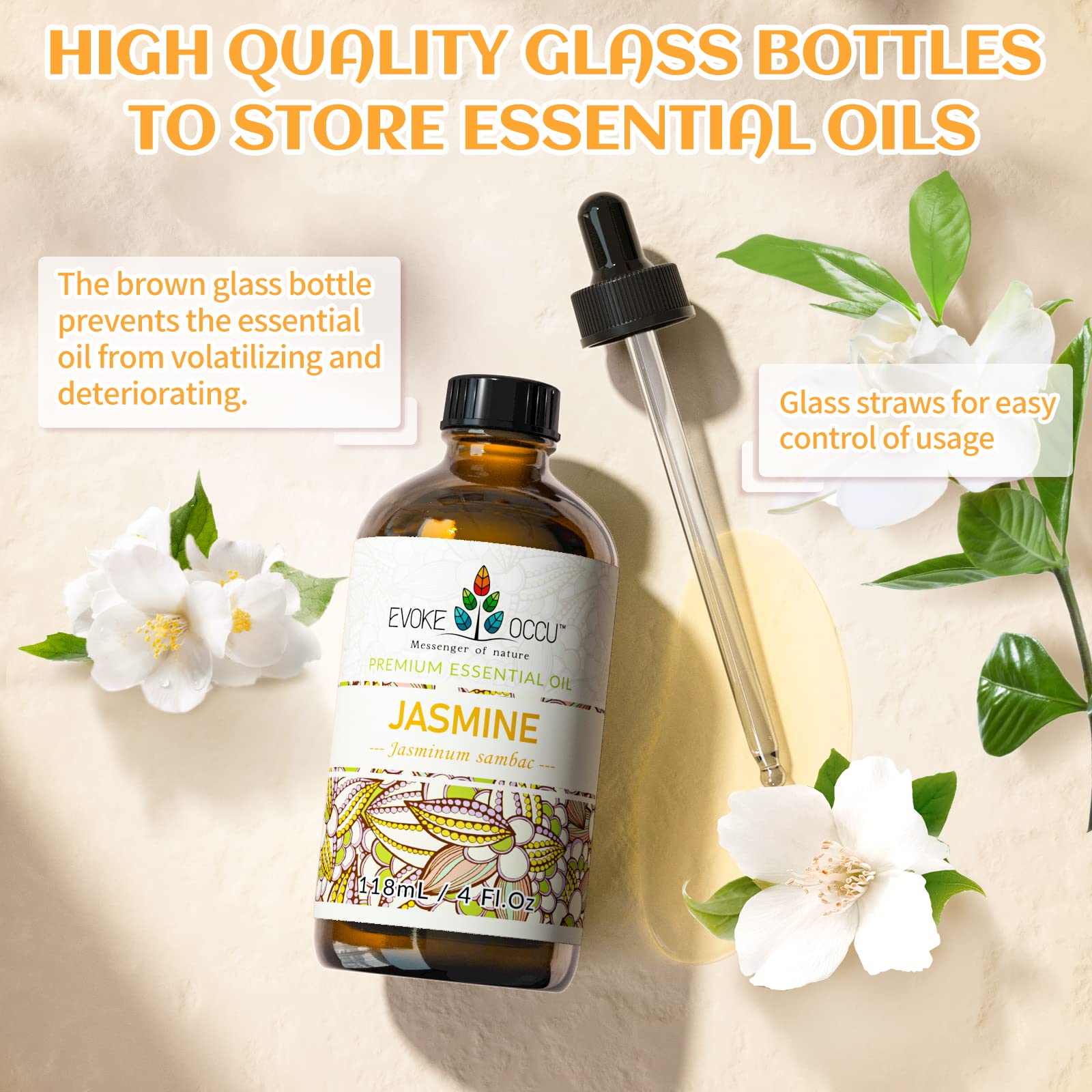 EVOKE OCCU 100% Pure Essential Oils Set - Jasmine, Vanilla, Lavender, Chamomile & Eucalyptus (4oz) for Skin Care, Hair Treatment, Aromatherapy & Diffuser Use - Perfect for Relaxation, Massage & Home Spa