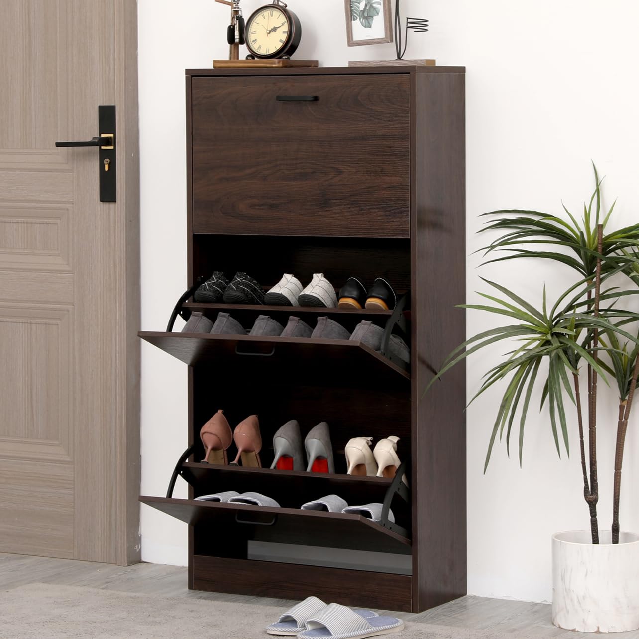 3-Tier Flip-Drawer Shoe Storage Cabinet - Freestanding Entryway Shoe Organizer for Heels, Boots & Slippers | Space-Saving Narrow Design in Walnut Brown | Perfect for Closet, Bedroom & Mudroom Organization