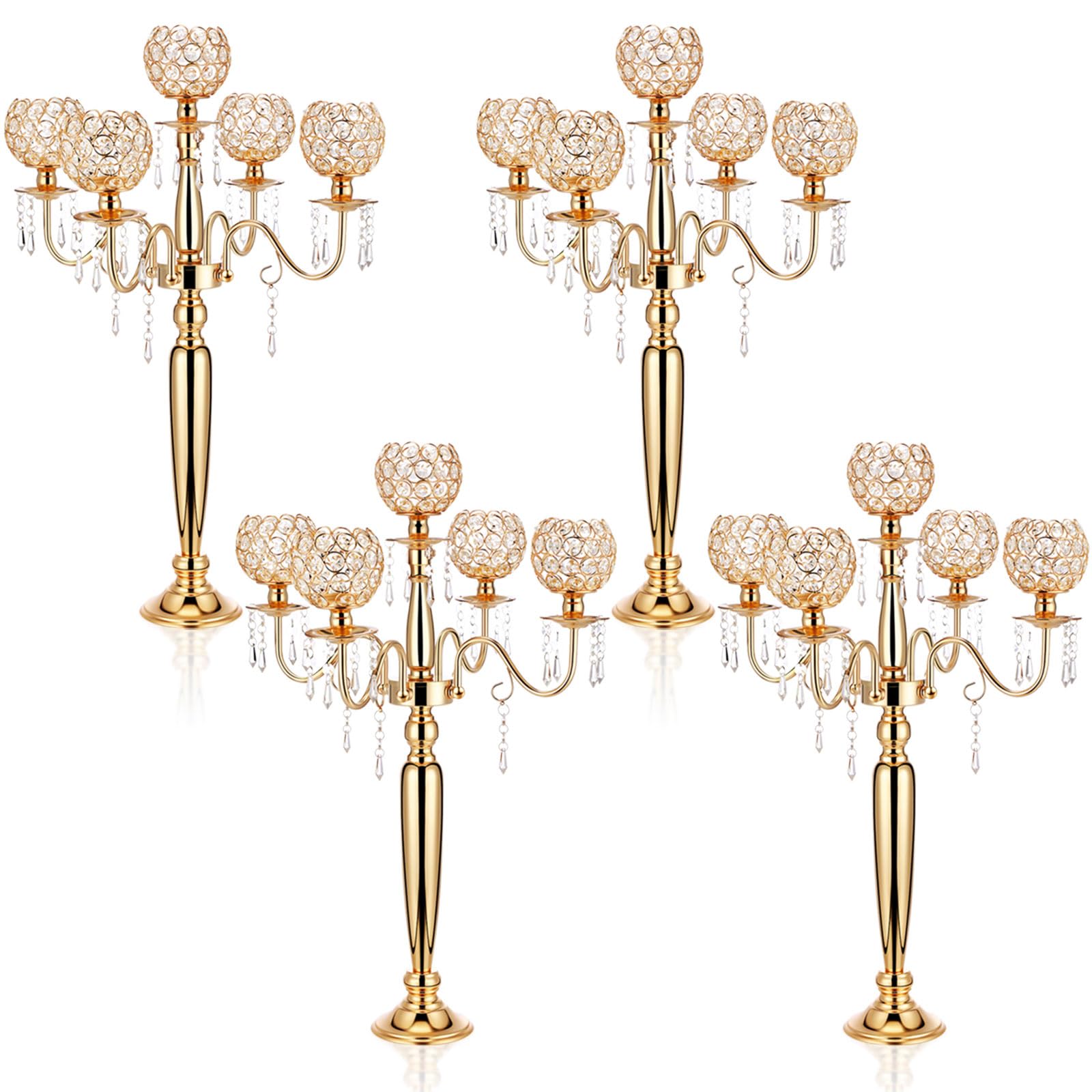 Tessco 4-Piece 5-Arm Crystal Candelabra Set - 29.5 Inch Gold Candle Holders for Wedding, Party & Christmas Decor - DIY Table Centerpiece for Dining Room, Mantel & Event Decorations