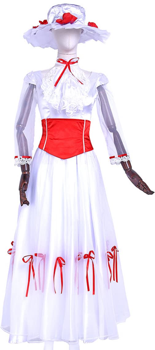 Mary Poppins Costume for Women & Girls - Deluxe White Dress Cosplay Outfit Set with Hat | Perfect for Halloween Parties, Cosplay Events & Themed Dress-Up