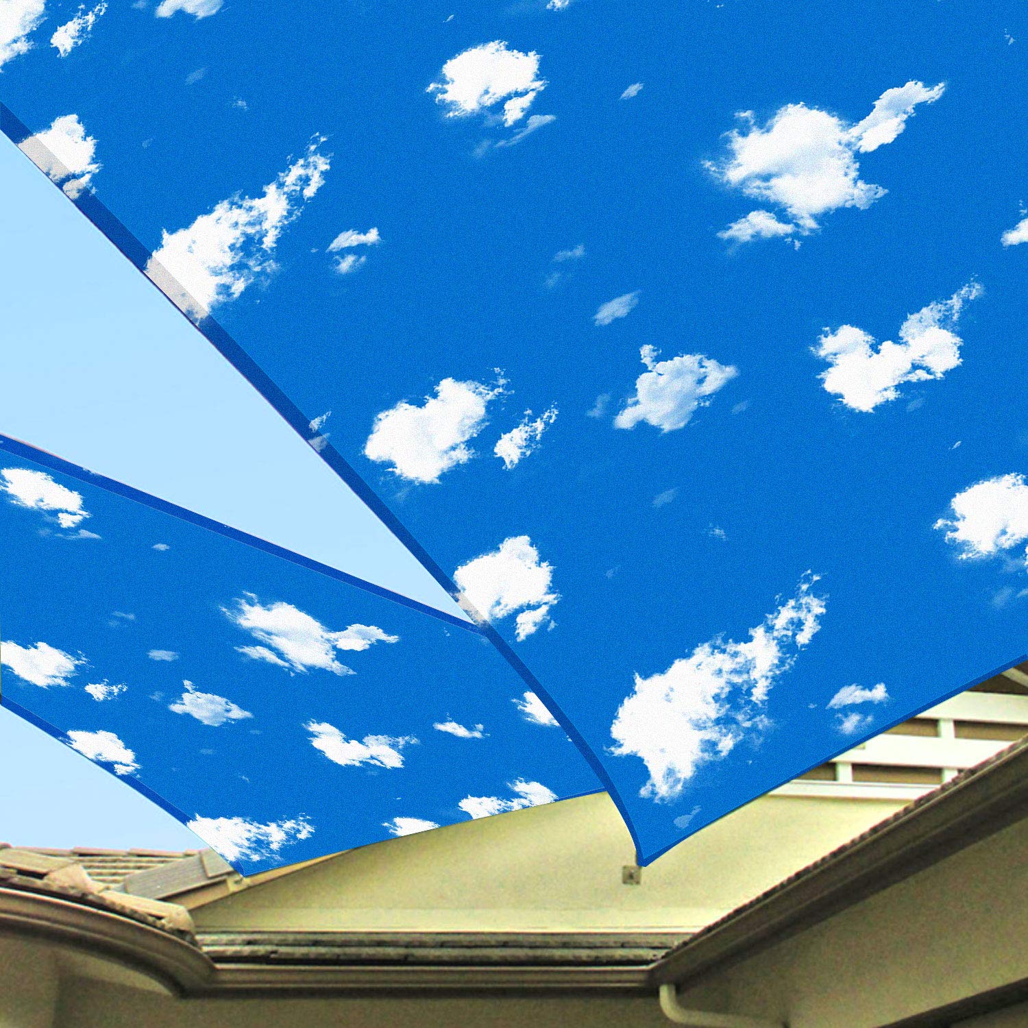 13' x 13' x 13' Triangle Sun Shade Sail - UV Block Waterproof Canopy Cover in Blue Sky White Cloud Design for Patio, Garden, Backyard & Deck - Durable Outdoor Awning for Sun Protection & Relaxation