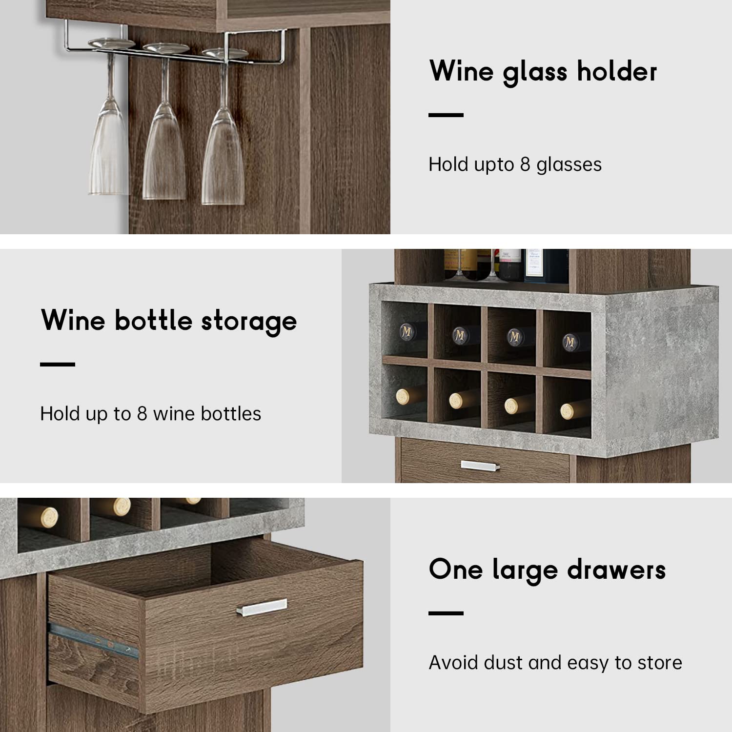 Industrial Wine Bar Cabinet with Storage - Cement Inspired Design Liquor & Glass Display Buffet for Living Room | Home Bar, Coffee Bar & Dining Room Accent Furniture (Brown)