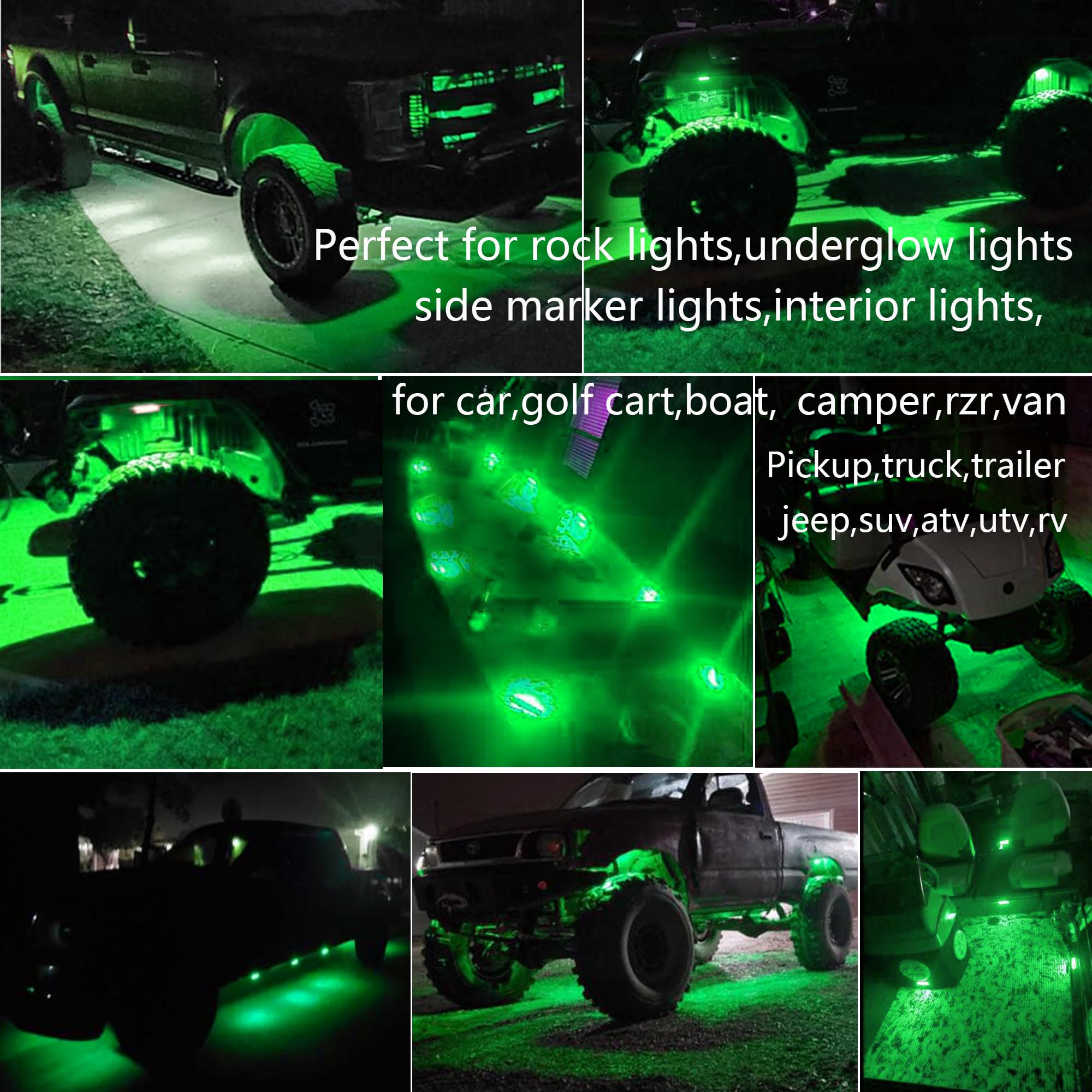 10 Pcs Green LED Rock Strip Lights - Wheel Well Underglow Lighting Kit for Cars, Trucks, SUVs, RVs & Golf Carts | Waterproof Off-Road Side Marker Lights for Wrangler & Jeep | Perfect for Night Driving, Off-Roading & Custom Car Shows