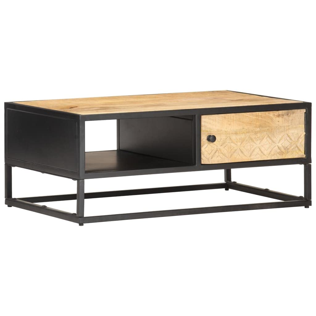 Handcrafted Square Coffee Table with Carved Door - Solid Rough Mango Wood Living Room Center Table with Storage | Perfect for Living Room, Study, Bedroom & Office Decor