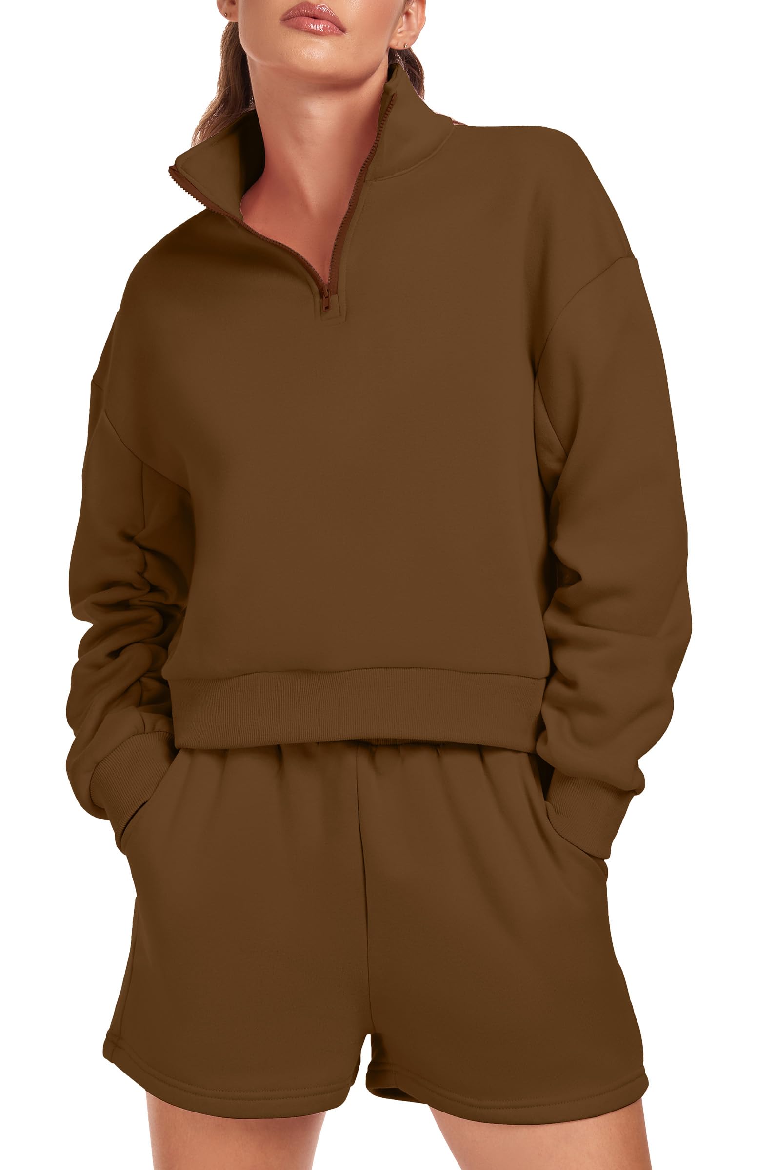 Women's 2-Piece Oversized Half-Zip Sweatshirt & Shorts Lounge Set - Casual Tracksuit for Women - Perfect for Home, Gym, and Everyday Wear