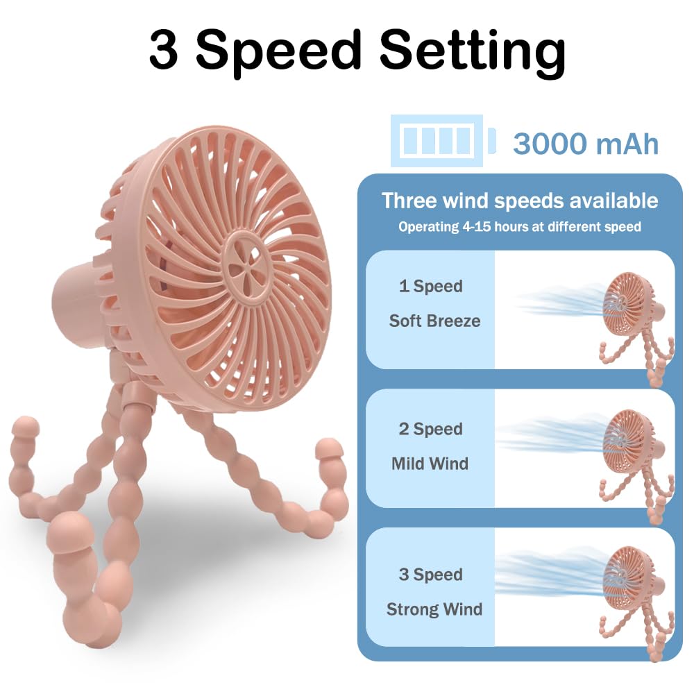 Portable Clip-on Stroller Fan with 3000mAh Battery - 3 Speed Adjustable, 4-12 Hours Runtime - Flexible Tripod for Baby Crib, Desk, Bike, Treadmill & Travel - Perfect for Outdoor Activities, Camping & Car Seats (Pink)