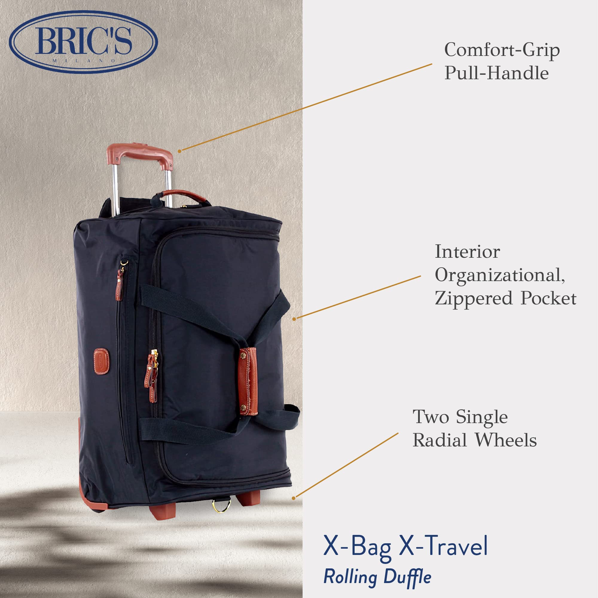 Bric's X-Bag 21 Inch Rolling Duffel Carry On Luggage - Luxury Weekender Travel Bag for Men & Women - Navy Blue - Perfect for Air Travel, Weekend Getaways & Business Trips
