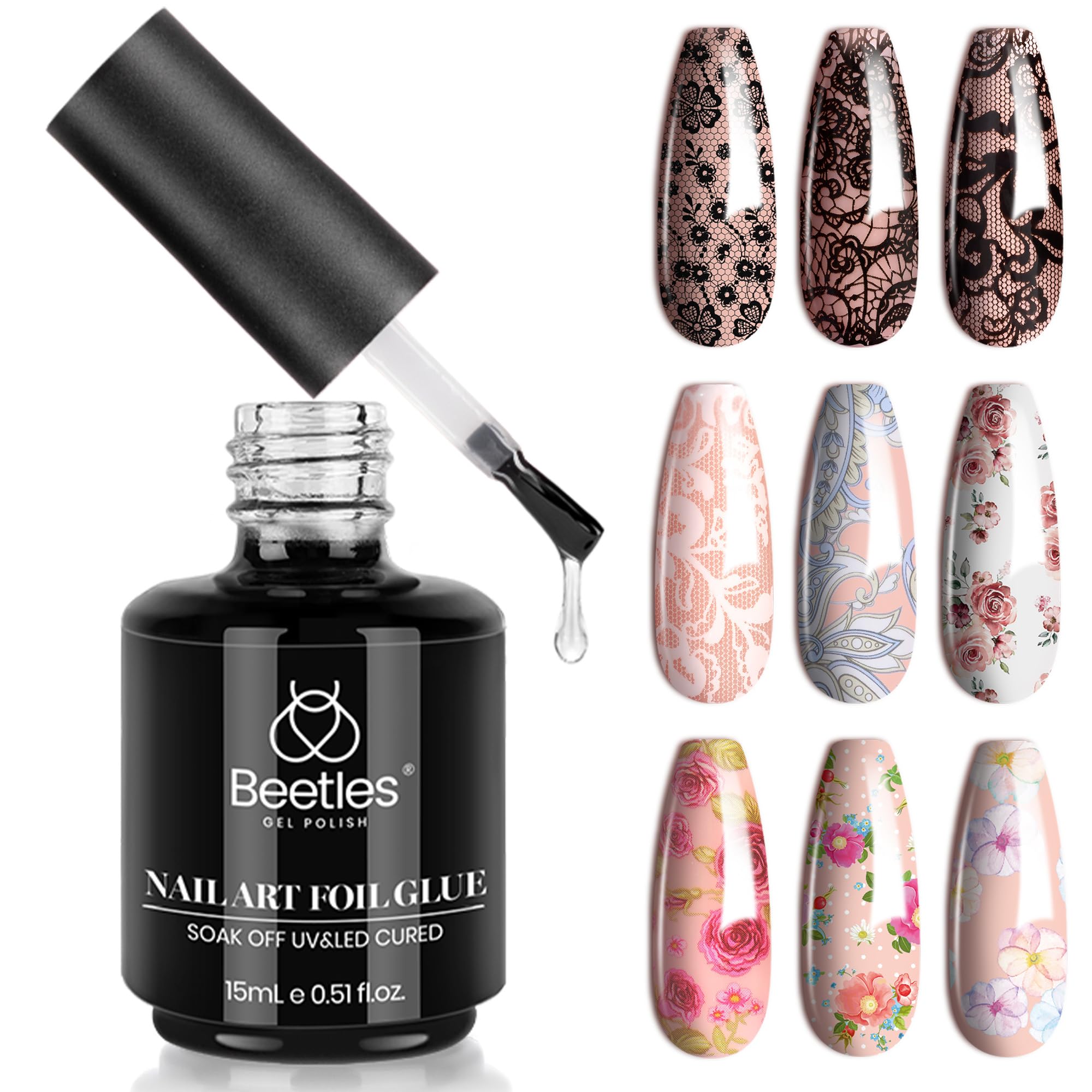 Beetles Nail Foil Glue Gel - 15ML Nail Art Transfer Adhesive for Foil Stickers & Manicure Designs | LED Lamp Required | Perfect for DIY Nail Art & Salon Professional Use