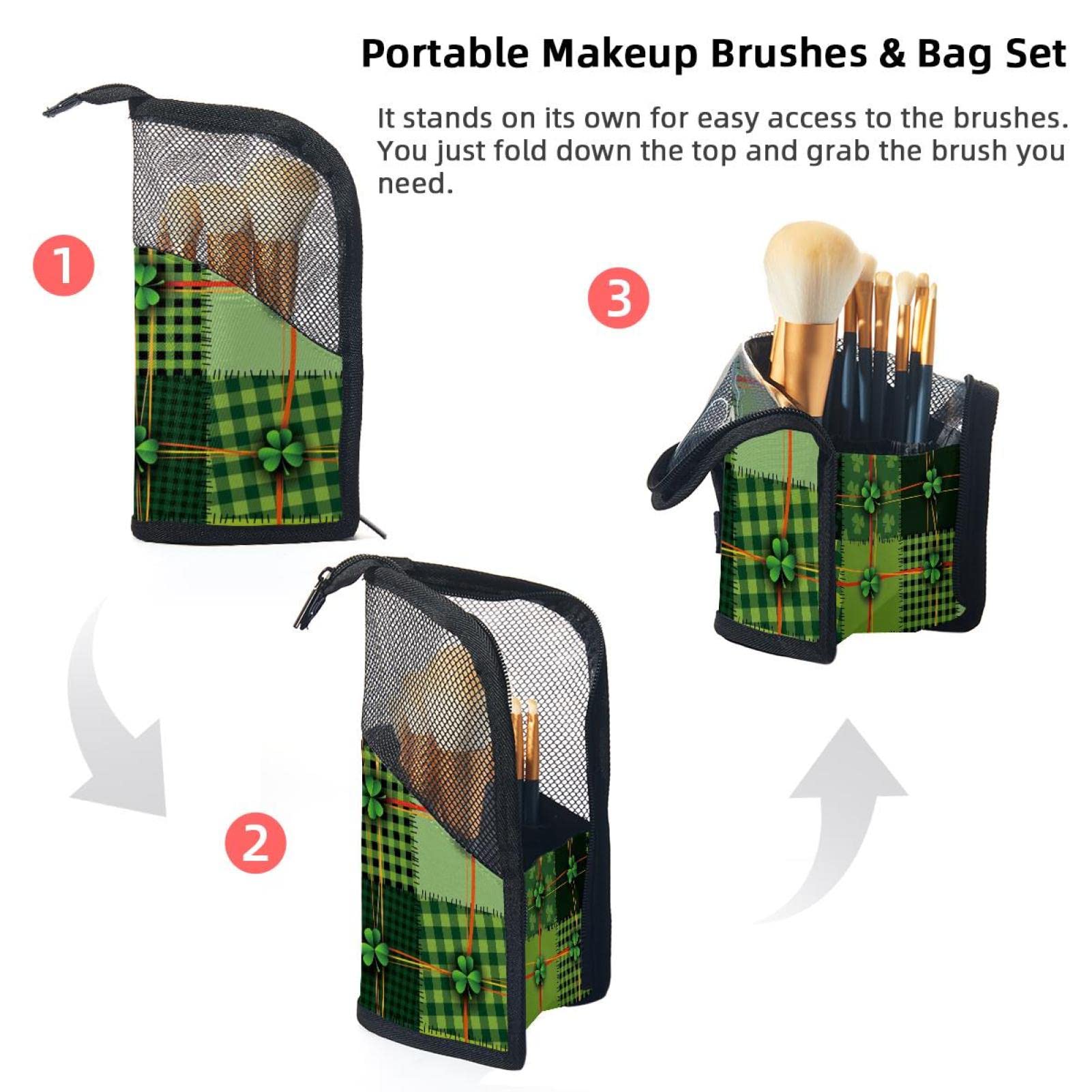 Portable Makeup Brush Organizer Bag with 12 Slots - Green Plaid Luck Clover Design | Perfect for Travel, Home Vanity & Professional Makeup Artists