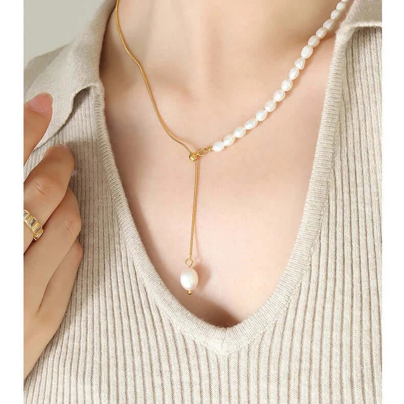 Elegant Freshwater Pearl Lariat Necklace A8432 - Dainty Layering Jewelry for Women, Perfect for Weddings, Parties & Everyday Wear
