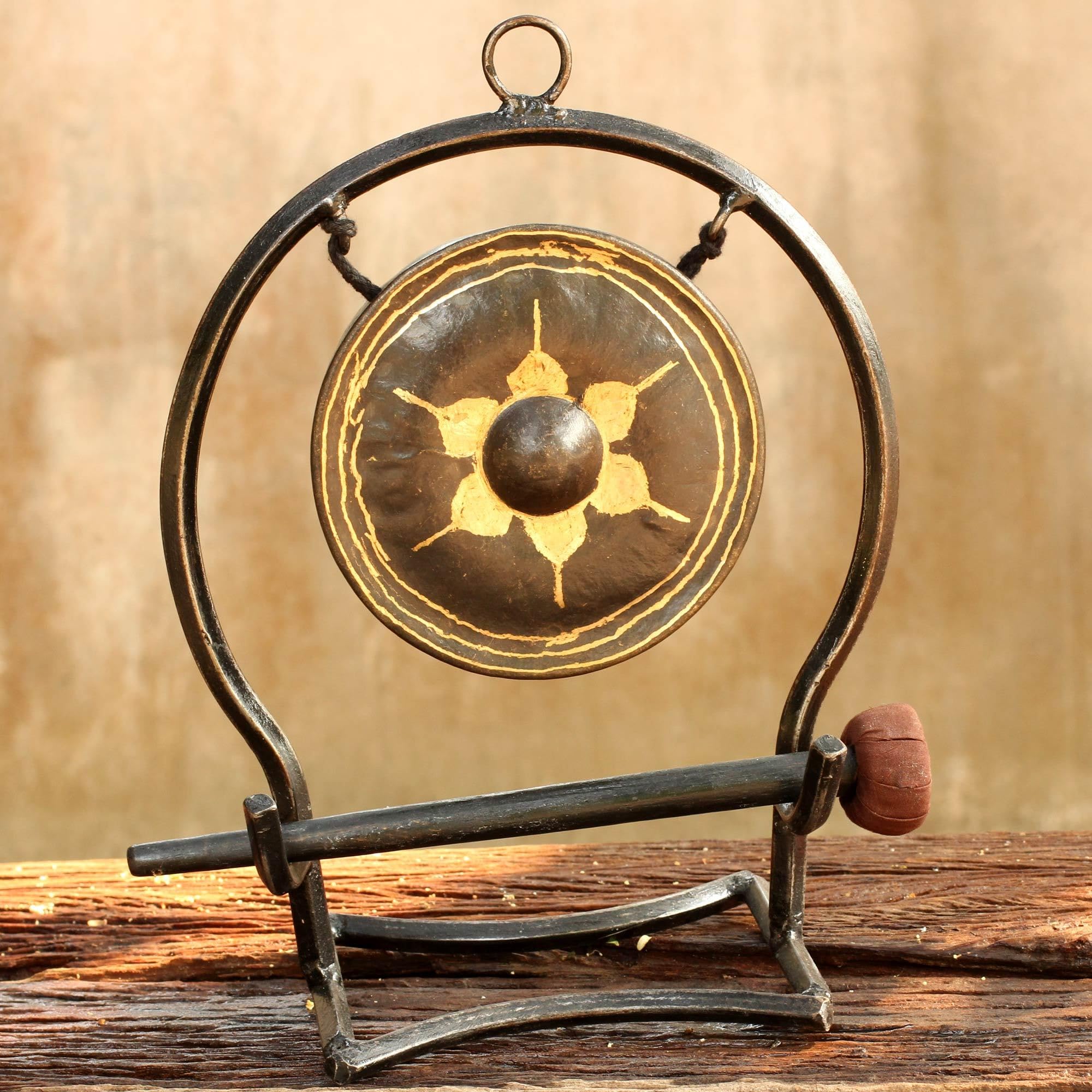 Handmade Thai Iron & Brass Tabletop Gong with Floral Design - Traditional Decorative Home Accent for Meditation, Yoga & Relaxation