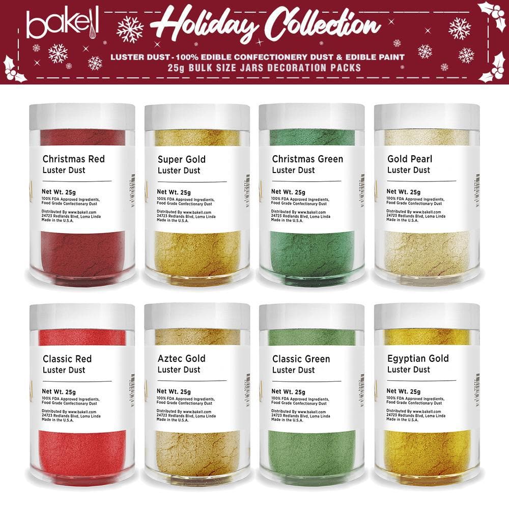 Christmas Collection Luster Dust Combo Pack A (8 PC SET) 25 Gram Jar - Edible Cake Decorating Dust for Holiday Baking, Cookies, Cupcakes & DIY Crafts