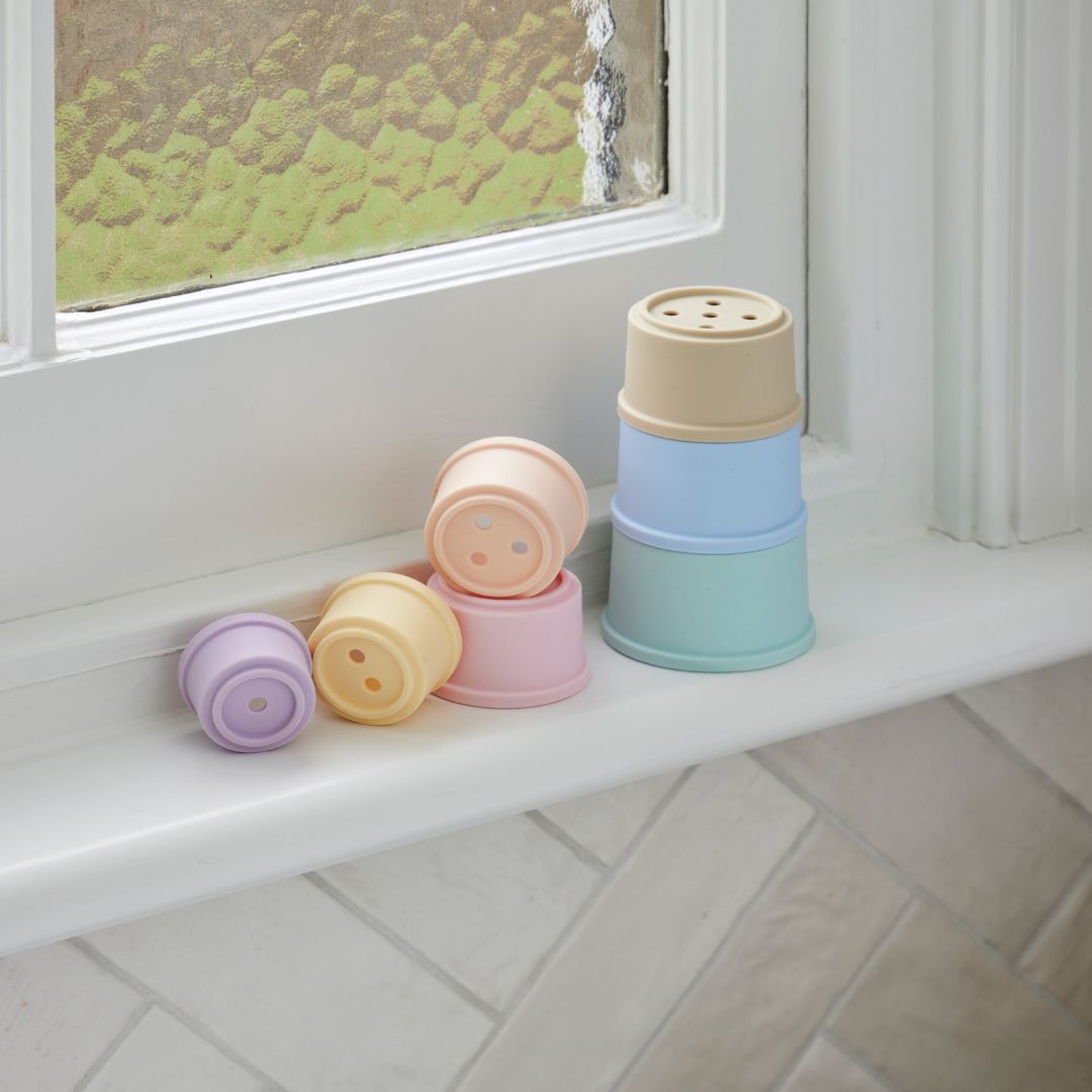 Pastel Bathtime Stacking Cups for Toddlers - 6 Piece Baby Bath Toy Set with Numbers & Animal Designs - Fun Learning Toys for Bathtub Playtime & Sensory Development