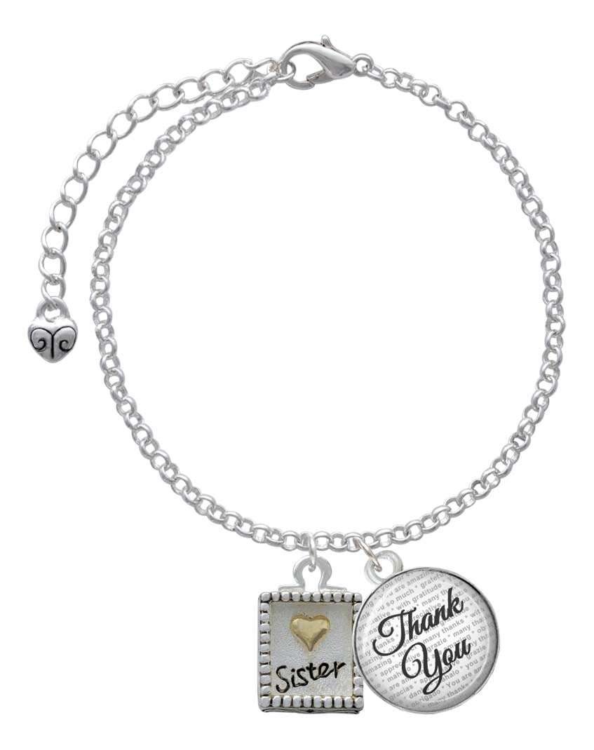 Delight Jewelry Shadow Box 'Sister' Goldtone Heart Charm Bracelet with Domed Thank You Pendant - 6