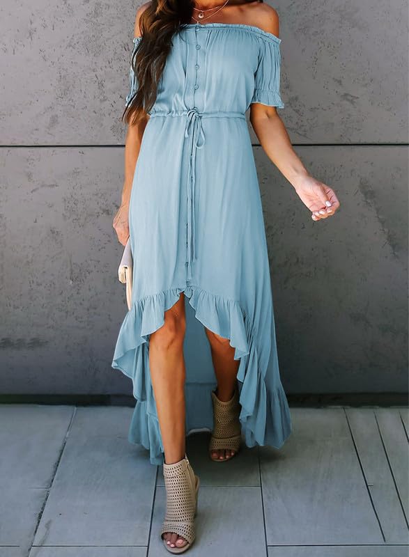 Dokotoo Women's Off Shoulder Casual Short Sleeve Maxi Dress 2025 - High Low Hem Solid Color Cocktail Skater Dress for Summer Beach Party & Evening Out