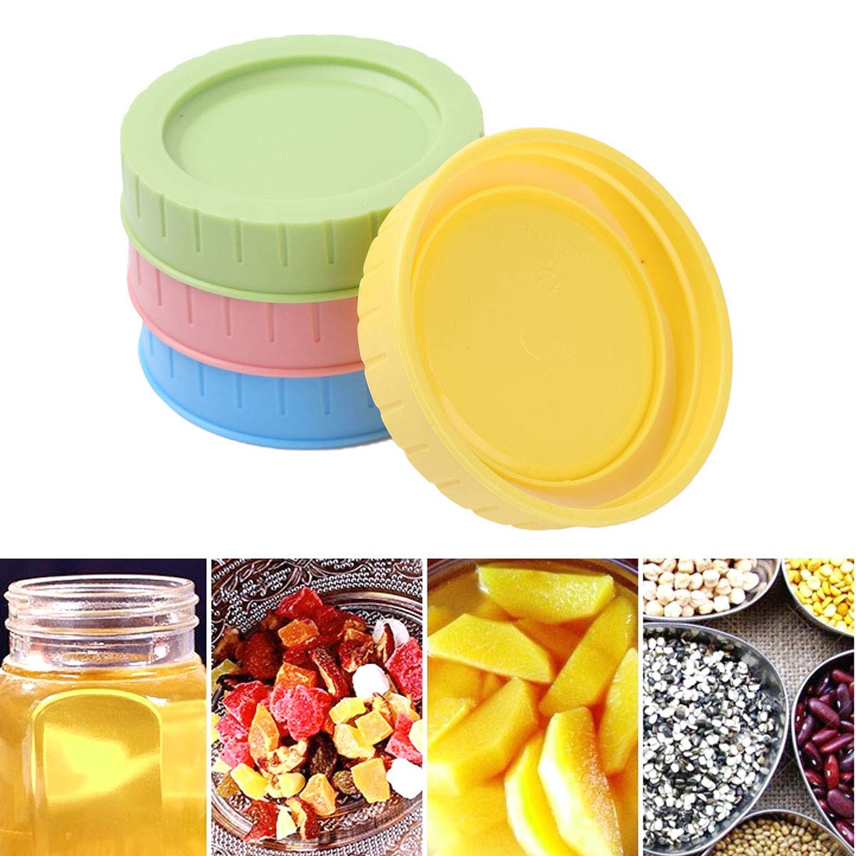 CHICTRY 4Pcs Cute Decorative Mason Jar Lids - 70mm Plastic Leakproof Canning & Drinking Jar Caps with Silicone Sealing O Rings - Perfect for DIY Crafts, Home Decor, and Party Drink Containers