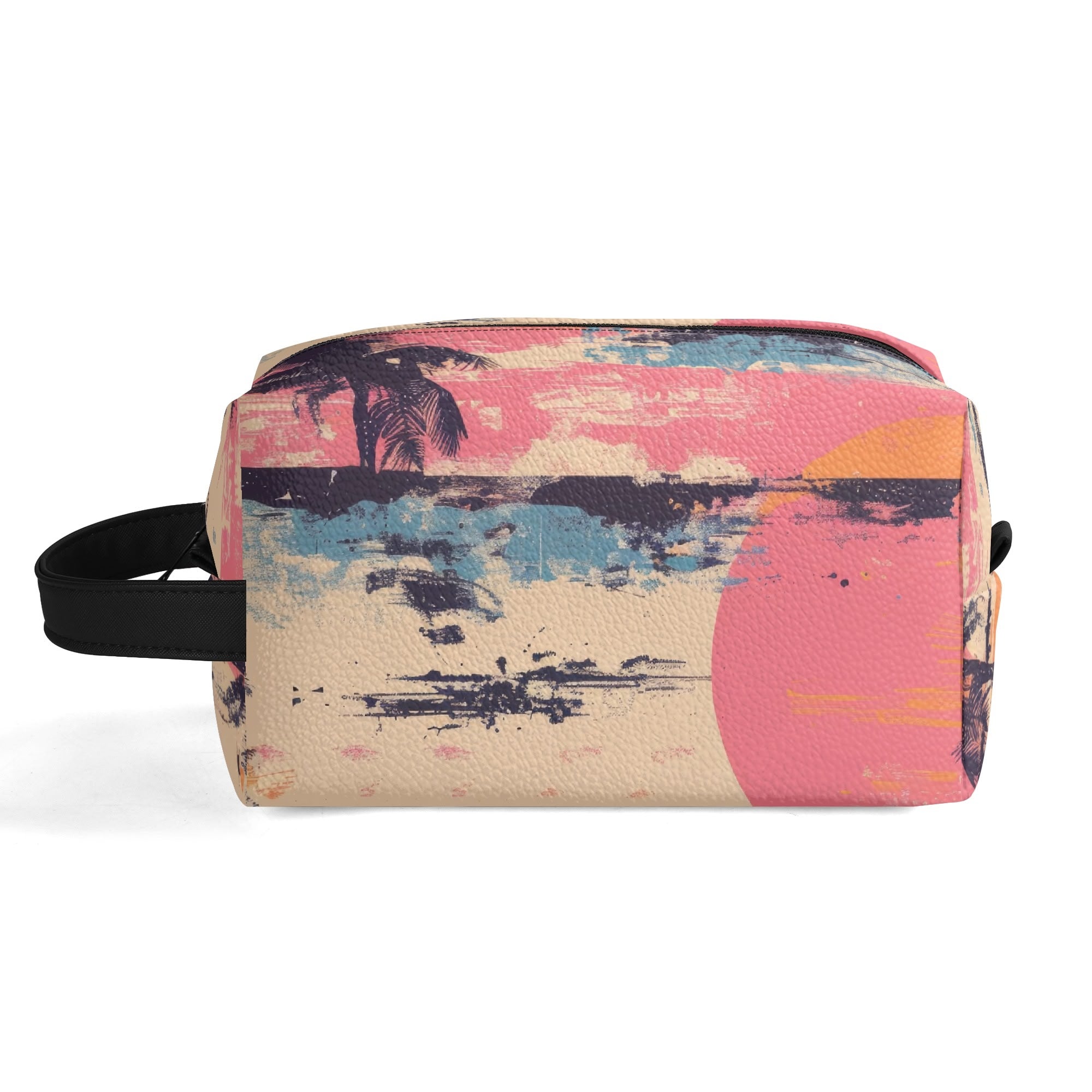 Vintage Grunge Palm Trees & Sunset Leather Toiletry Bag - Waterproof Travel Cosmetic Organizer for Beach Vacation, Camping & Gym Essentials