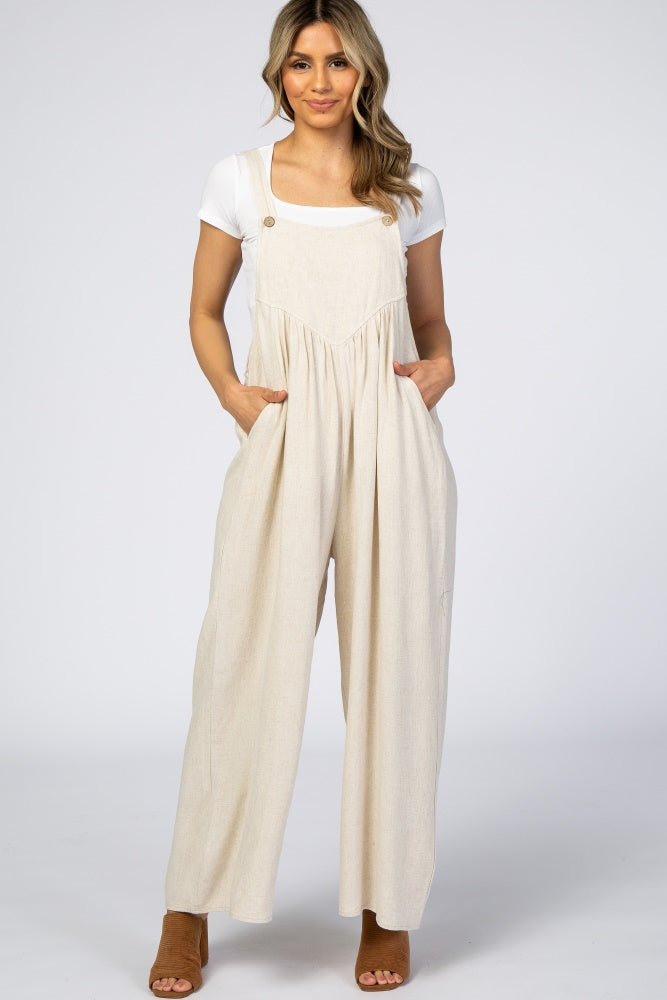 Women's Beige Linen Overalls - Comfortable Jumpsuit with Pockets for Gardening, Casual Outings & Summer Fashion