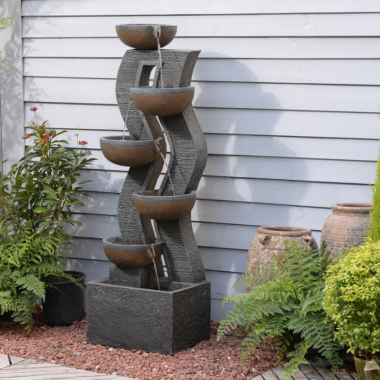 SERBILHOME 52.8 Inch 6-Tier Outdoor Water Fountain with LED Lights - Large Cascading Patio Waterfall for Garden, Yard, Porch, Deck - Gray Wave Design - Perfect for Relaxing Outdoor Decor & Ambiance