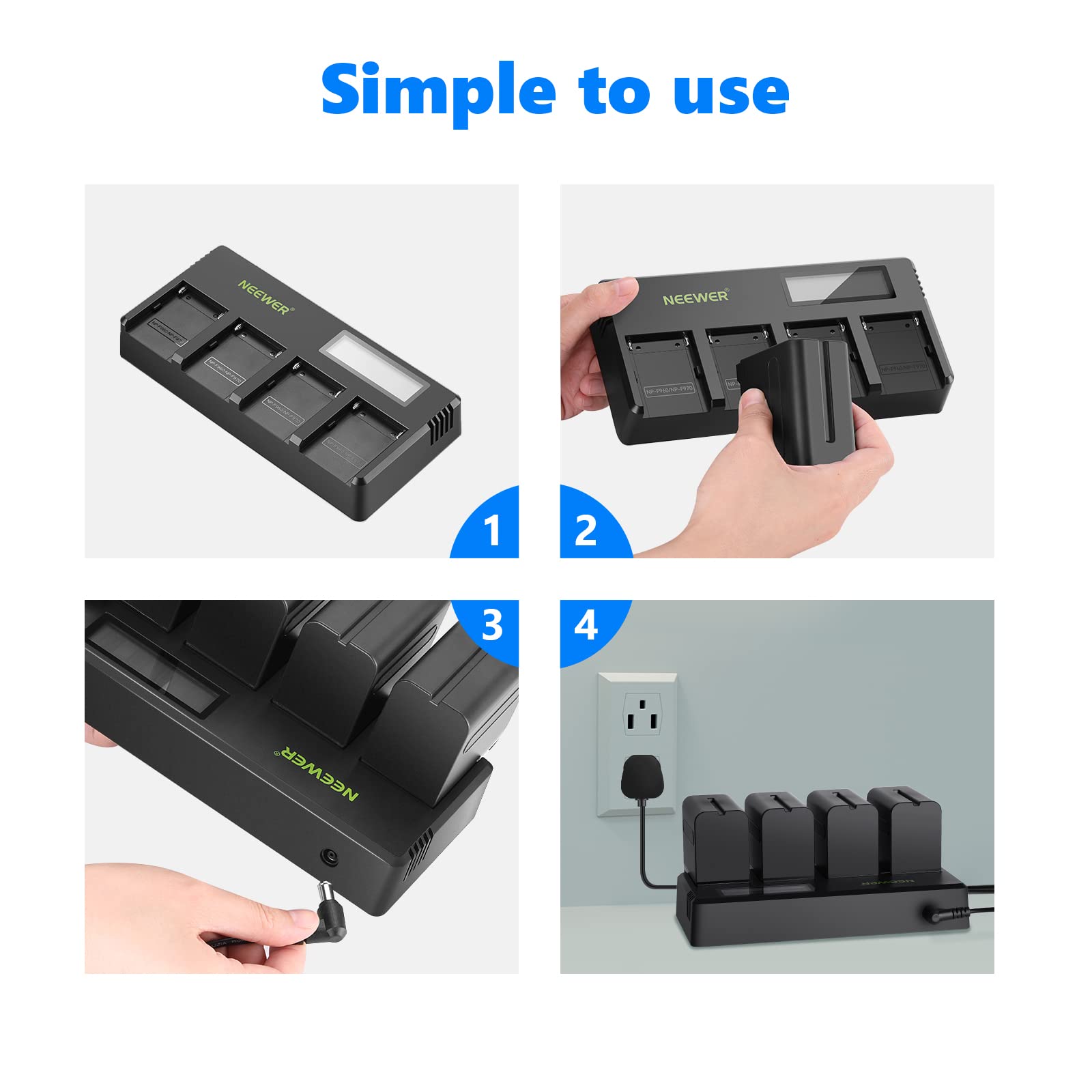 Neewer 4-Pack 7.4V 6600mAh NP-F970 Replacement Batteries with 4-Channel Charger & Adapter - Compatible with Sony NP-F550/750/770/970, FM500H, QM71D, QM91D - Power Your Field Monitor, Video Light, and Camera Equipment for Professional Photography & Videography