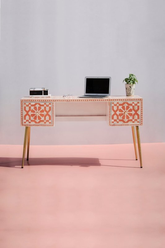 Moroccan Bone Inlay Office Desk with Storage Drawers | Handcrafted Orange Wooden Writing Desk for Home & Office | Perfect for Workspaces, Study Rooms & Home Offices