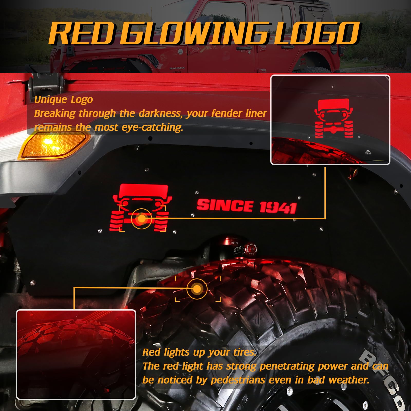 Aluminum Front Inner Fender Liners with 4 LED Lights for 2018-2022 Jeep Wrangler JL & JLU Unlimited (2 & 4 Door) - Off-Road Protection & Enhanced Visibility for Night Driving