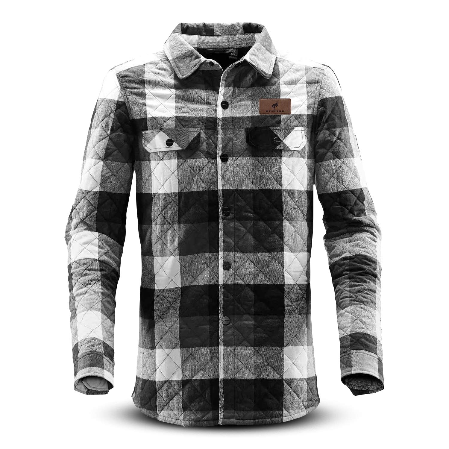 Ford Bronco Men's Long Sleeve Quilted Shirt Jacket - Black, White & Gray Plaid Flannel - Warm Winter Layering for Outdoor Activities