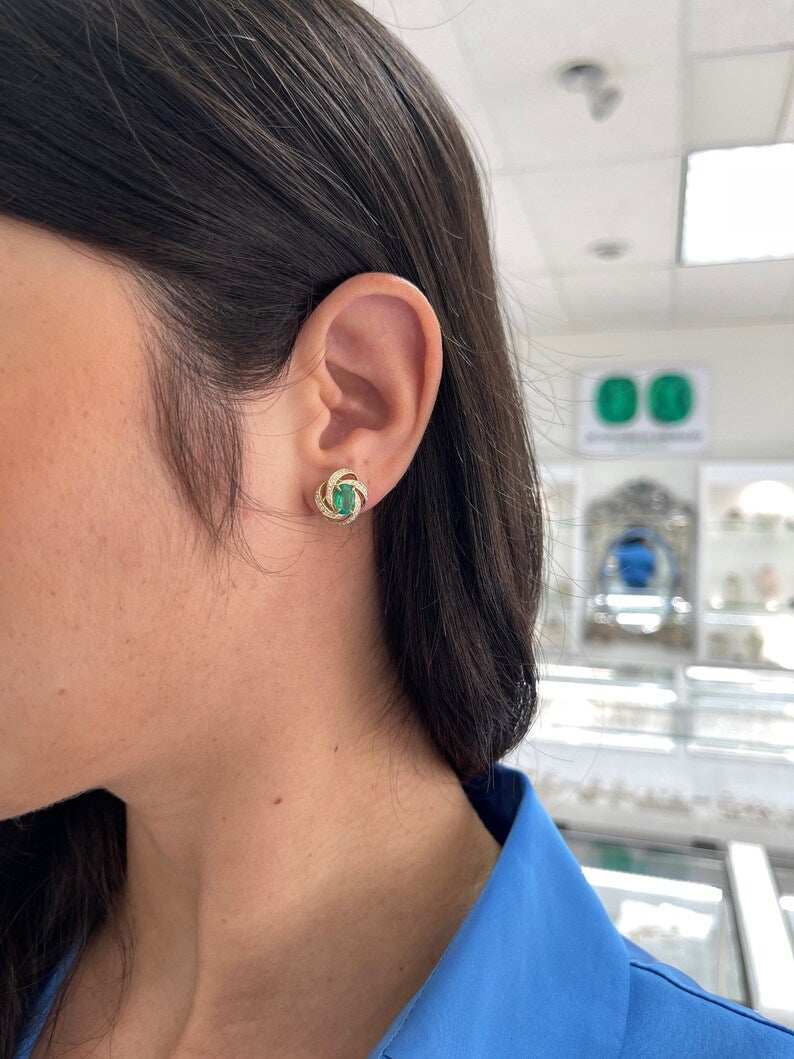 2.31tcw 14K Gold Oval Cut Emerald & Diamond Halo Earrings - Medium Dark Green Gemstone Jewelry for Women, Perfect for Weddings, Parties & Special Occasions