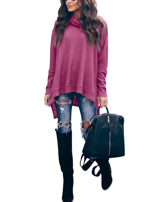 Caracilia Women's Oversized Turtleneck Sweater - Batwing Long Sleeve Waffle Knit Pullover with Split Hem | Cozy Winter Tunic Top for Casual Outfits, Office Wear & Holiday Fashion 2024