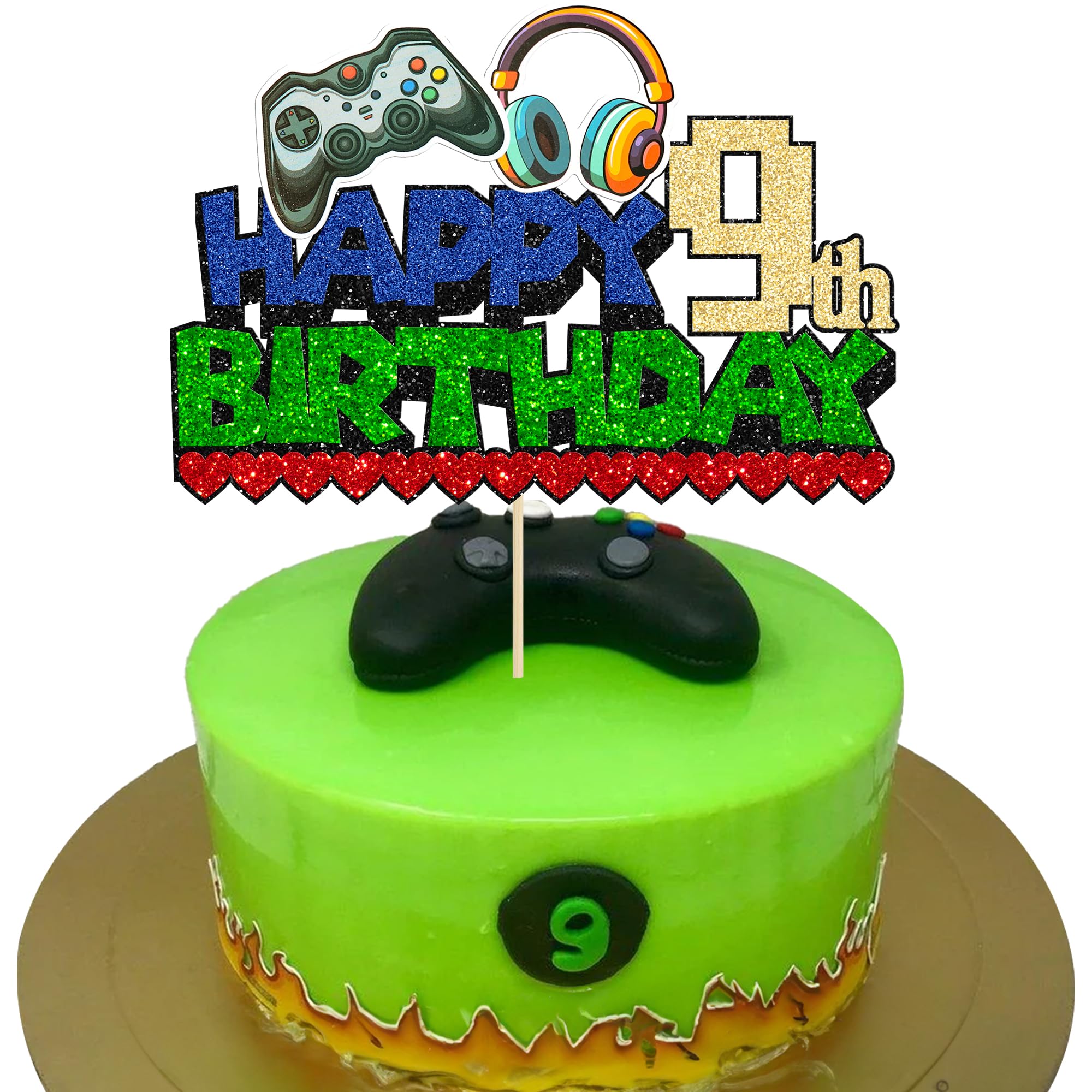 Ephlyn 1Pcs Glitter Video Game Birthday Cake Topper - 'Game On' Controller Design for 9th Birthday Party Decorations | Perfect for Gaming Themed Cakes & Happy 9th Birthday Celebrations