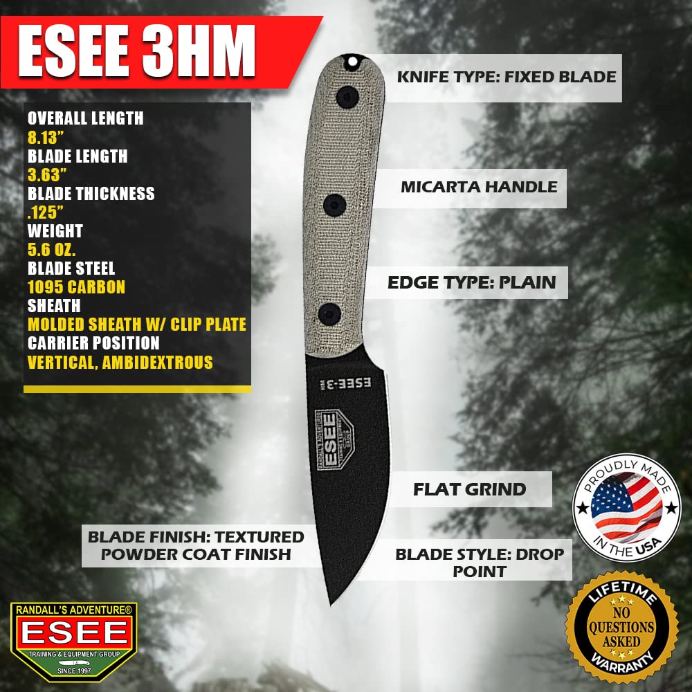 ESEE 3HM Modified Handle Fixed Blade Survival Knife with Sheath - Perfect for Camping, Hunting, and Outdoor Adventures