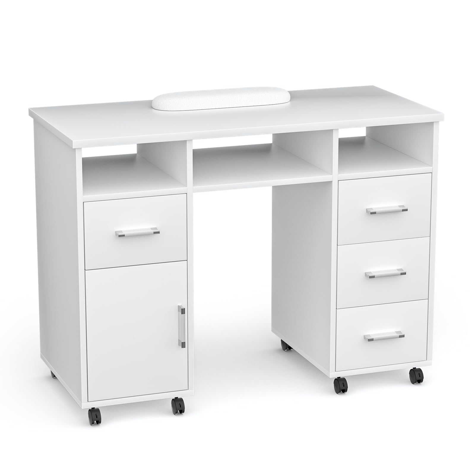 Professional Manicure Table Nail Station with Storage Drawers & Cabinet - Portable Beauty Salon Desk with Wheels, Wrist Pad - Perfect for Home & Professional Nail Technicians (White) - Ideal for Nail Salons, Home Spa, Mobile Nail Services & Beauty Studios