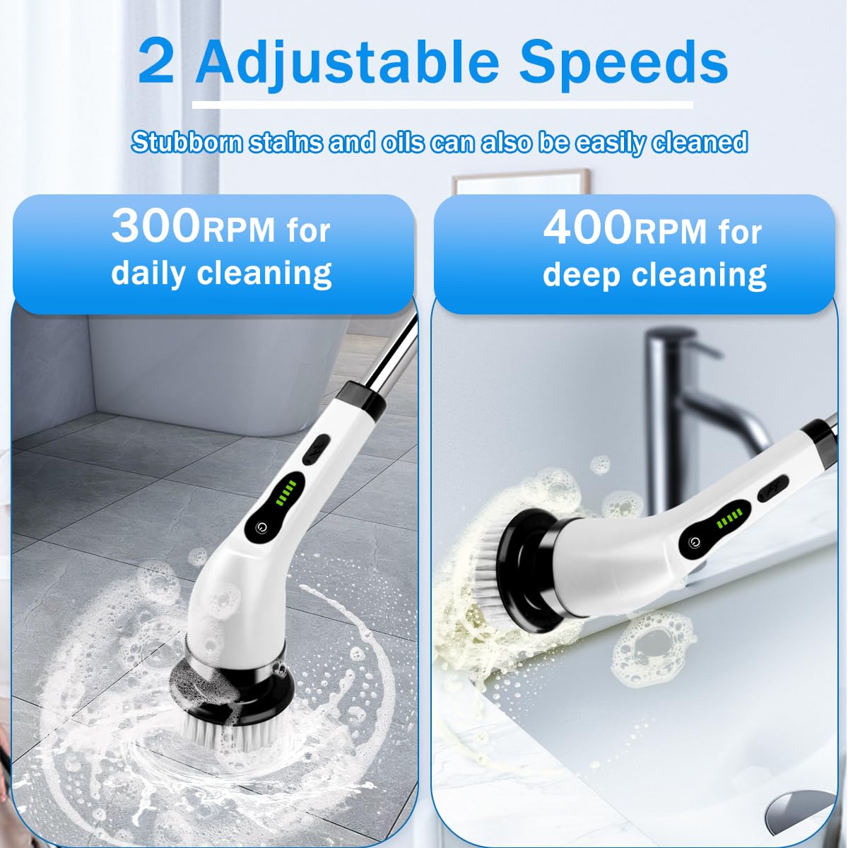 Electric Spin Scrubber - Cordless Cleaning Brush with 9 Replaceable Heads & 2 Speed Settings | Adjustable Handle for Bathroom, Kitchen, Tile, Grout | Perfect for Shower Cleaning, Sink Scrubbing, Bathtub Maintenance