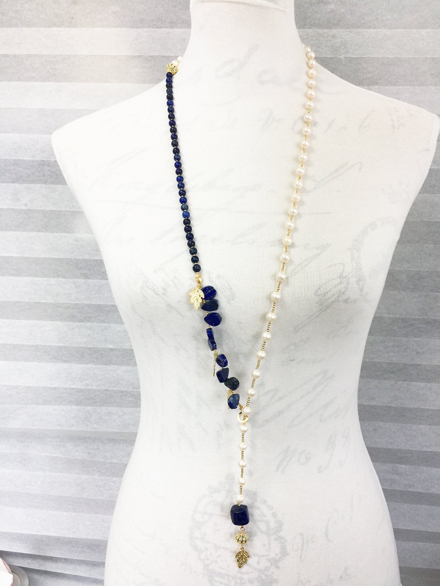 Elegant Freshwater Pearl & Lapis Lazuli Y-Shaped Necklace MN037 - Perfect for Weddings, Parties & Special Occasions