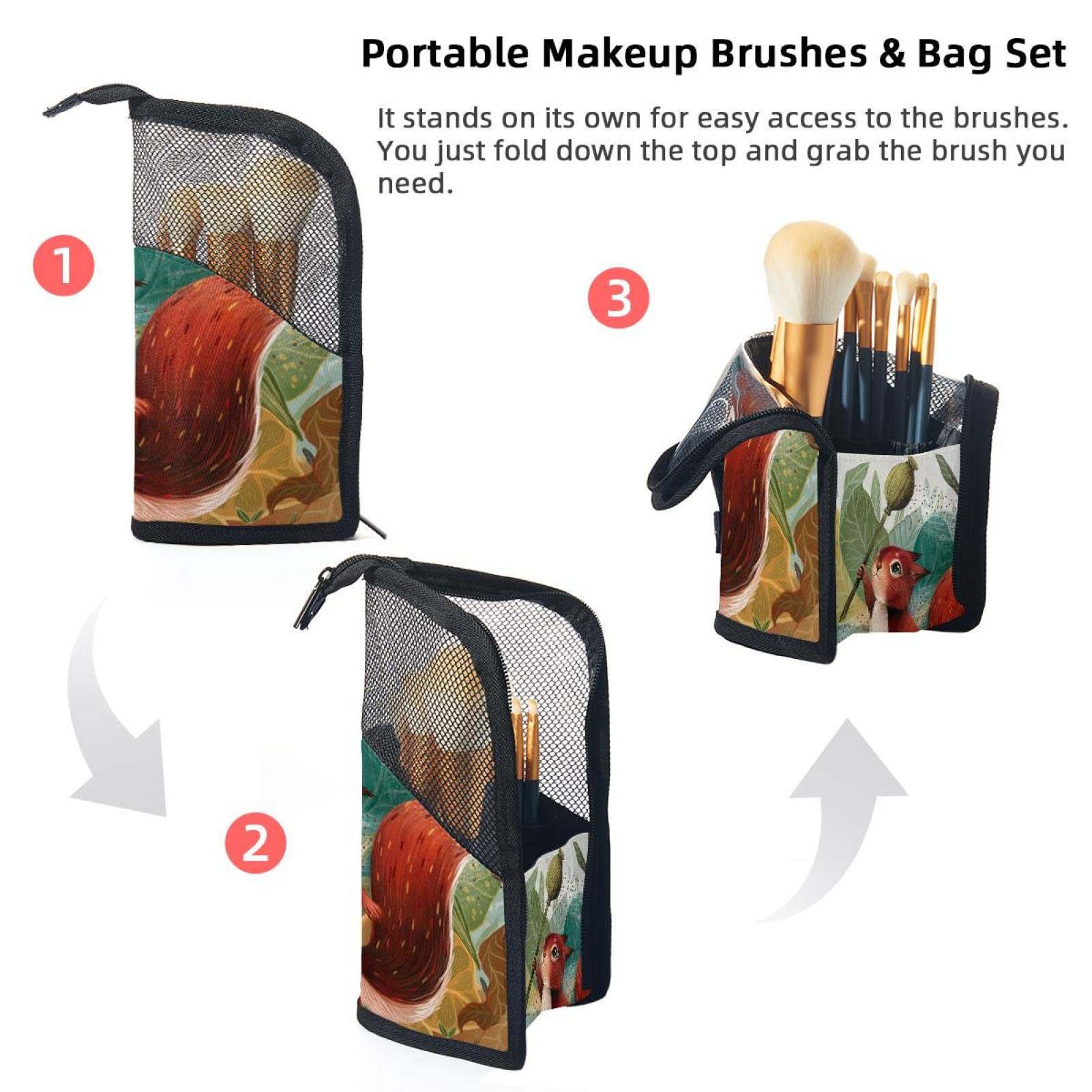 Premium 12-Piece Makeup Brush Organizer Bag with Animal Jungle Leaf Design - Portable Makeup Brush Holder Case for Travel & Professional Makeup Artists