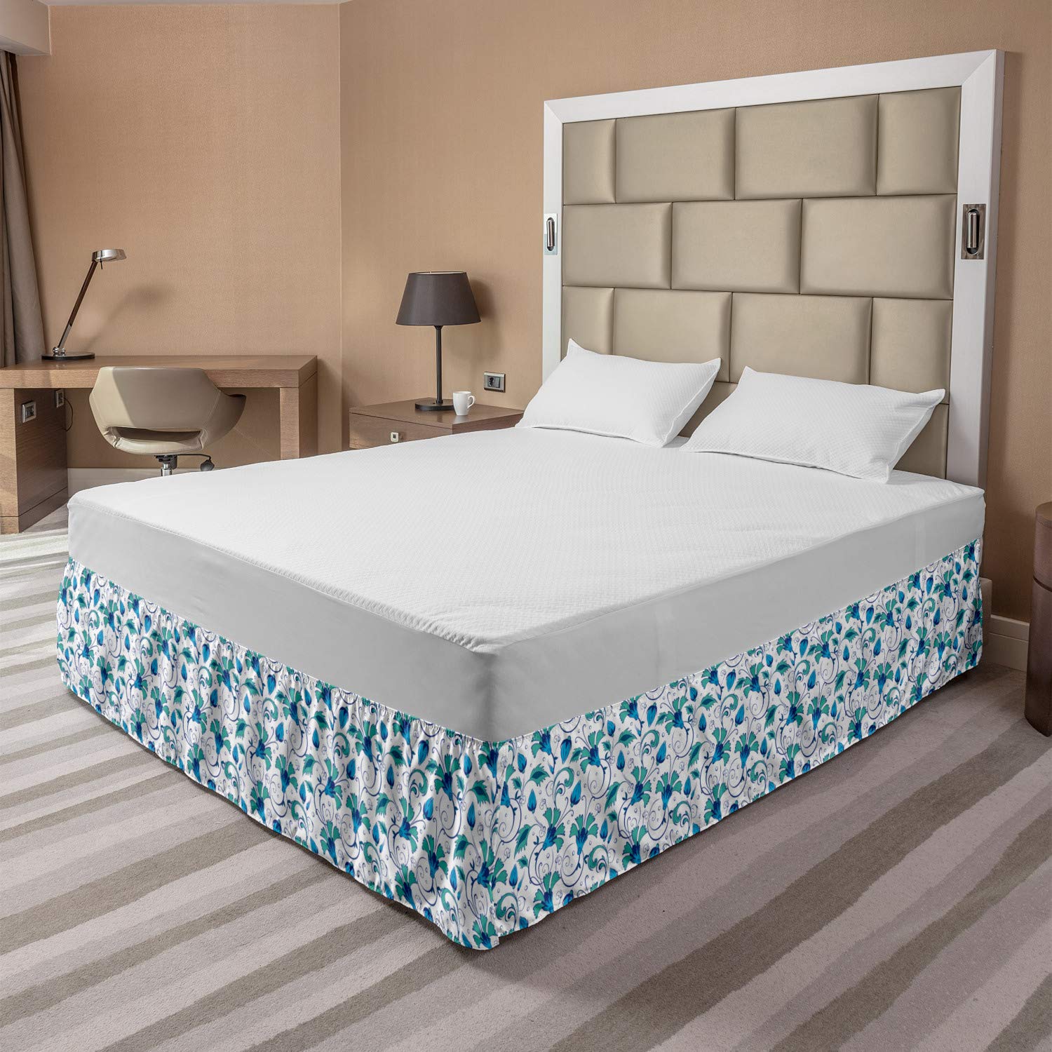 Ambesonne Floral Bed Skirt - Queen Size Turquoise & Sky Blue Elastic Wrap Around Dust Ruffle with Oriental Tulip & Leaf Pattern | Perfect for Bedroom Decor, Guest Room Styling & Bohemian Home Design