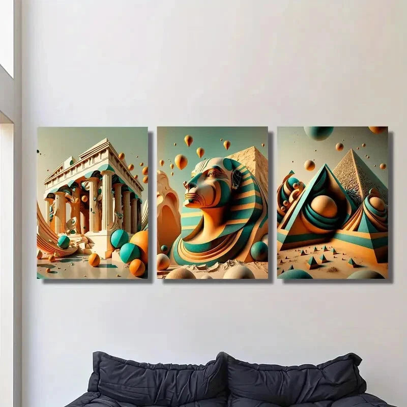 3pcs Golden Pagoda, Sphinx & Parthenon Metal Wall Art Prints - Ready to Hang Home Decor for Living Room, Bedroom & Office | Travel Inspired Artwork for World Culture Enthusiasts