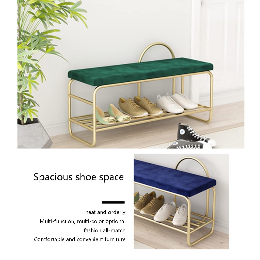 Industrial Metal Frame Entryway Hall Tree - Large Coat Rack with Shoe Bench, 5 Hooks & Storage Shelf for Clothing, Jackets & Shoes - Perfect for Living Room, Bedroom & Entryway Organization (Gold+Blue, 80x35x175cm) - Ideal for Small Spaces & Home Decor