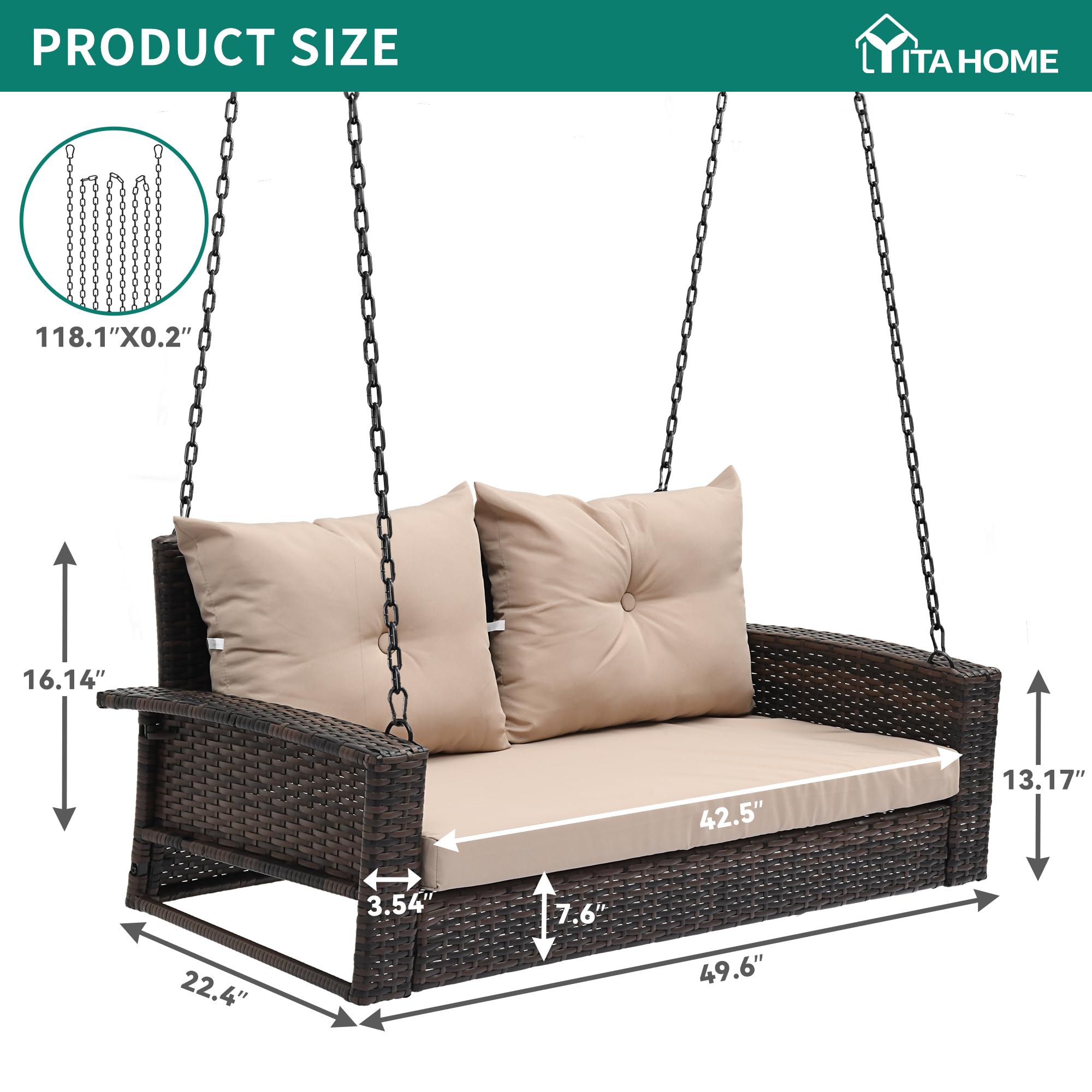YITAHOME Outdoor Wicker Hanging Swing Chair - 530lb Capacity Brown Rattan Porch Swing with 2 Cushions for Patio, Garden, Balcony & Living Room - Perfect for Relaxing, Lounging & Decorating Your Outdoor Space