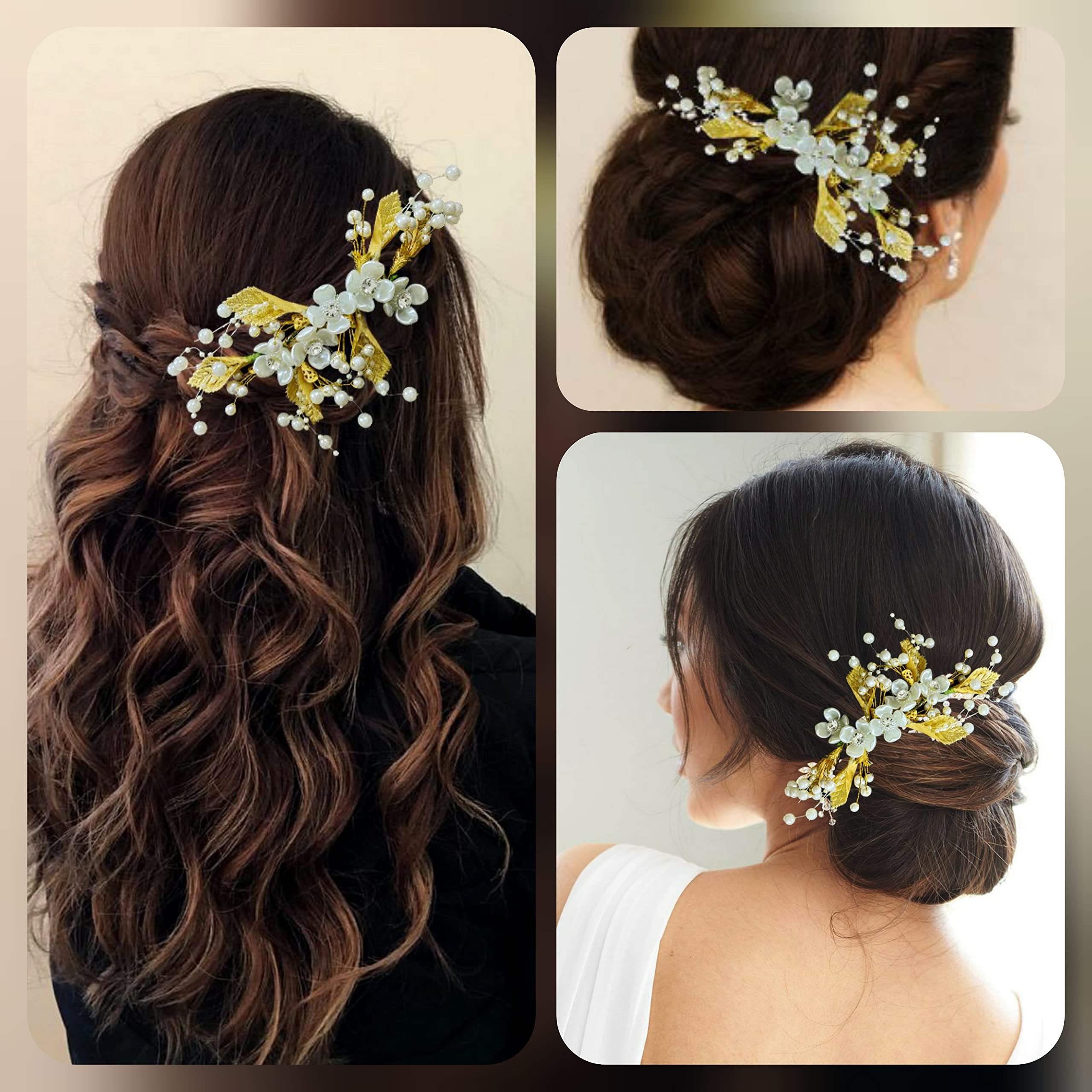 Elegant Hair Flare Artificial Flower Metal Leaf Hairpin with Pearl & Stone Comb Slide | Gold & White Bridal Hair Accessories for Women & Girls | Perfect for Weddings, Prom & Special Occasions