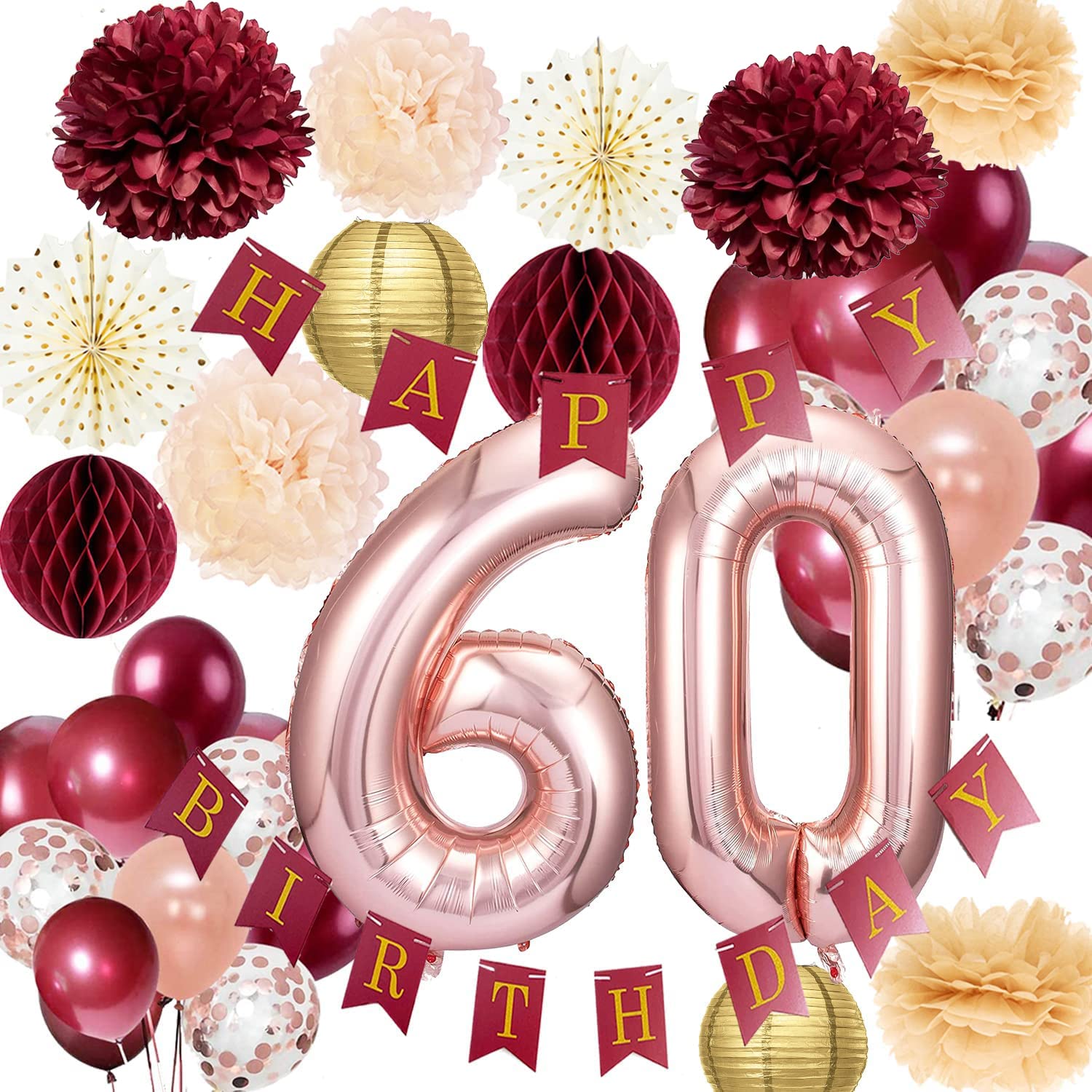 Elegant 60th Birthday Decorations for Women - Burgundy & Rose Gold Party Supplies, Happy Birthday Banner, Polka Dot Fans - Perfect for Milestone Celebrations & Themed Parties